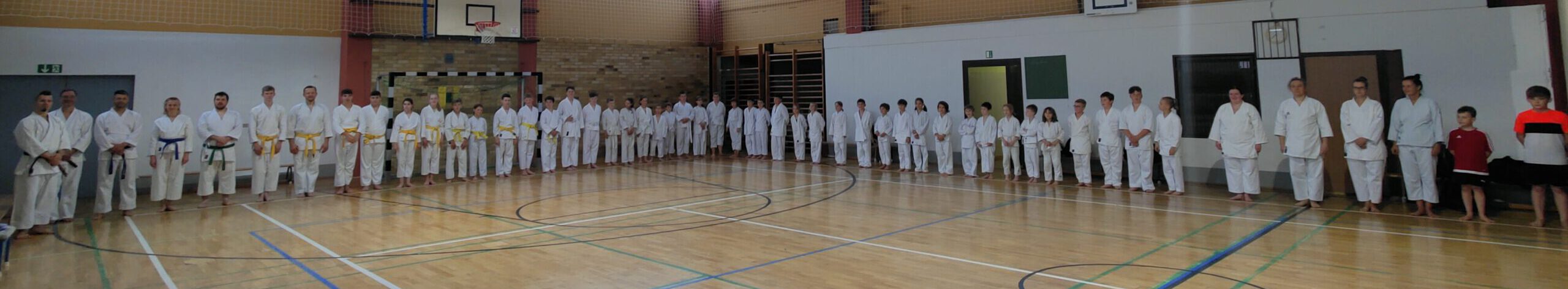 Rund fünfzig Karatekas aller Altersstufen stehen in weißen Anzügen mit weißen, gelben, blauen und schwarzen Gürteln in einer langen Reihe quer durch die Sporthalle