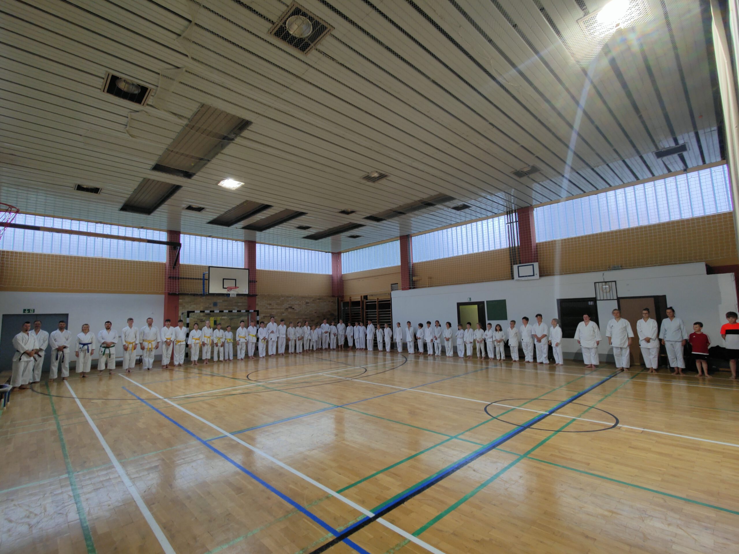 Mitglieder des 1. Karatevereins Bad Lausick stehen in weißen Anzügen zur Begrüßung in einer Reihe in der Sporthalle